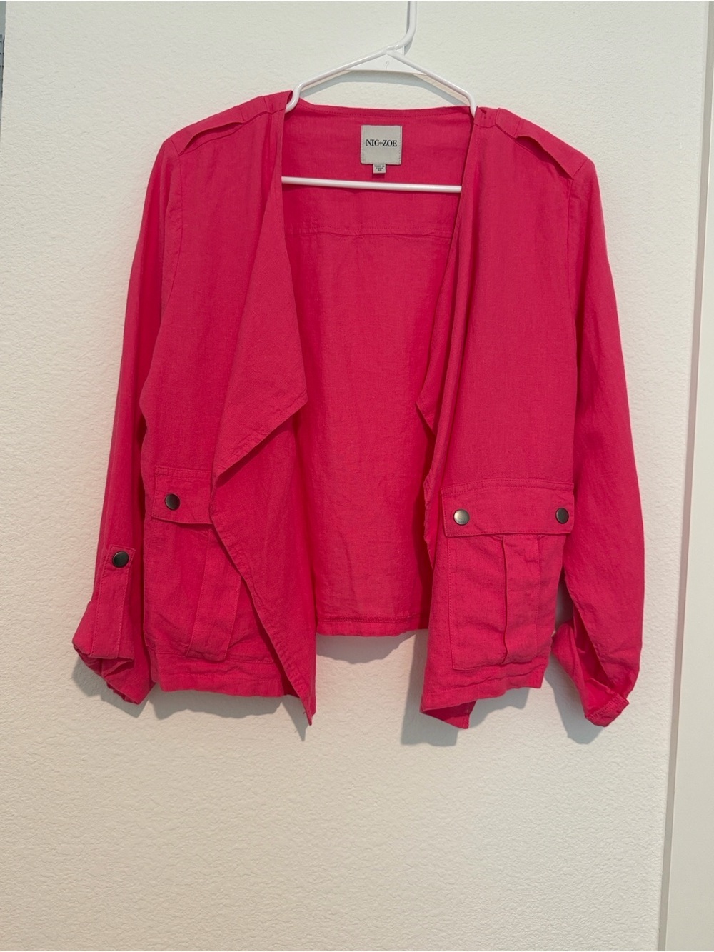 NIC+ZOE Pink Utility Linen Jacket with Snap Pockets Medium